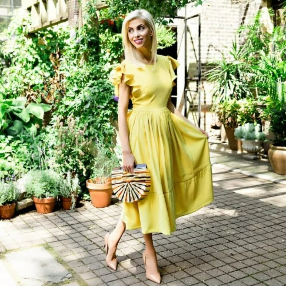 Rachel Parcell Marigold Yellow Serene Midi Ruffle Dress Sz L